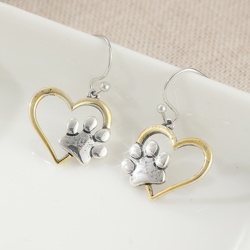 Two Tone Heart-shaped Paw Print Earrings, Copper Anti-Allergy